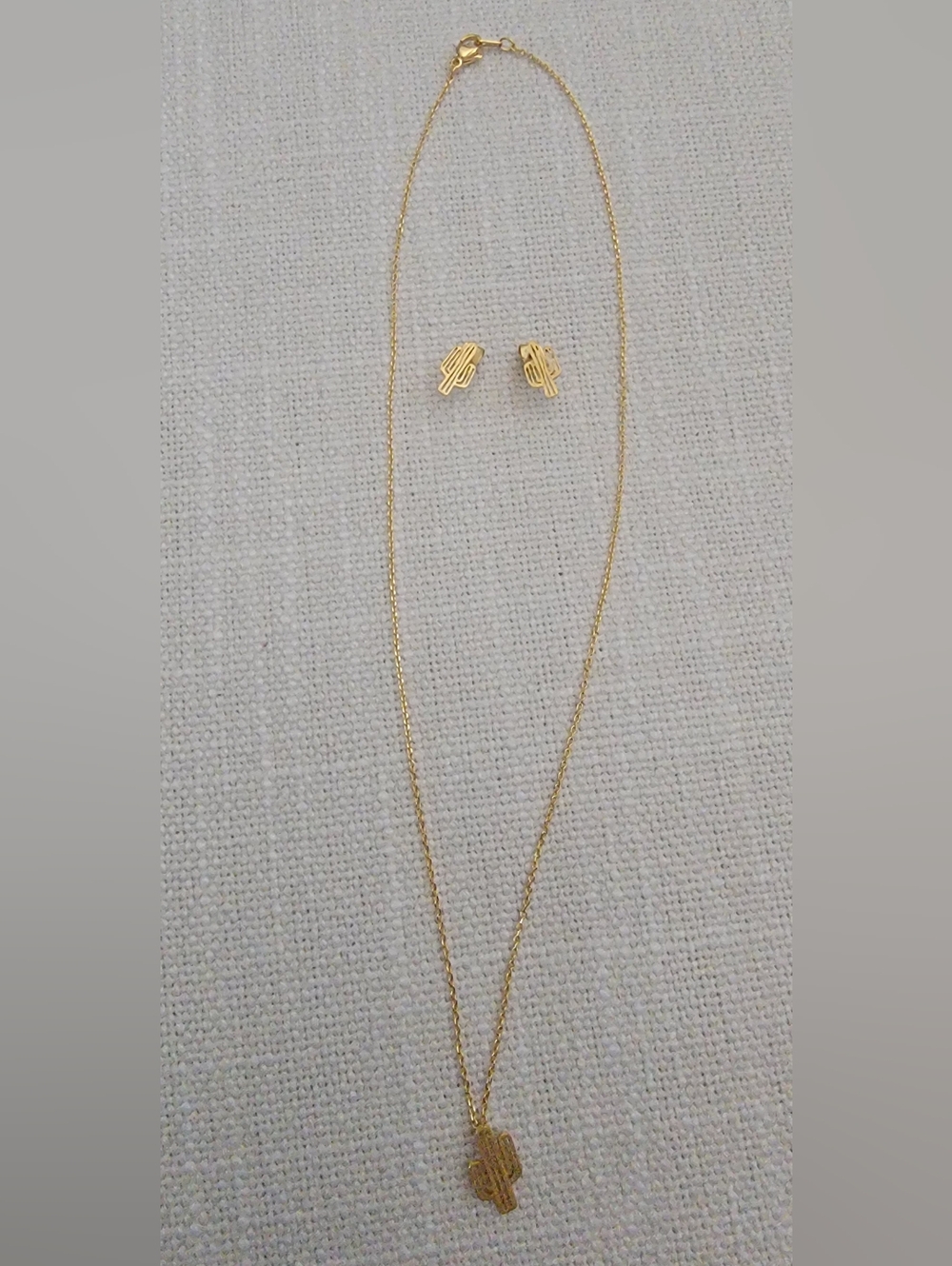 Gold Tone Minimalist Cactus Necklace and Earrings Set - Color Gold